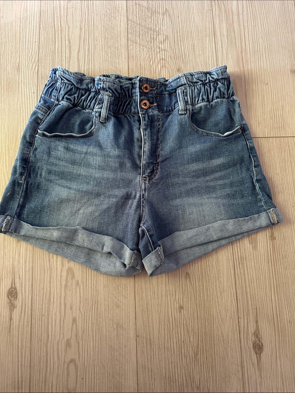 High-Rise Blue Denim Paperbag Shorts With Rolled Hem